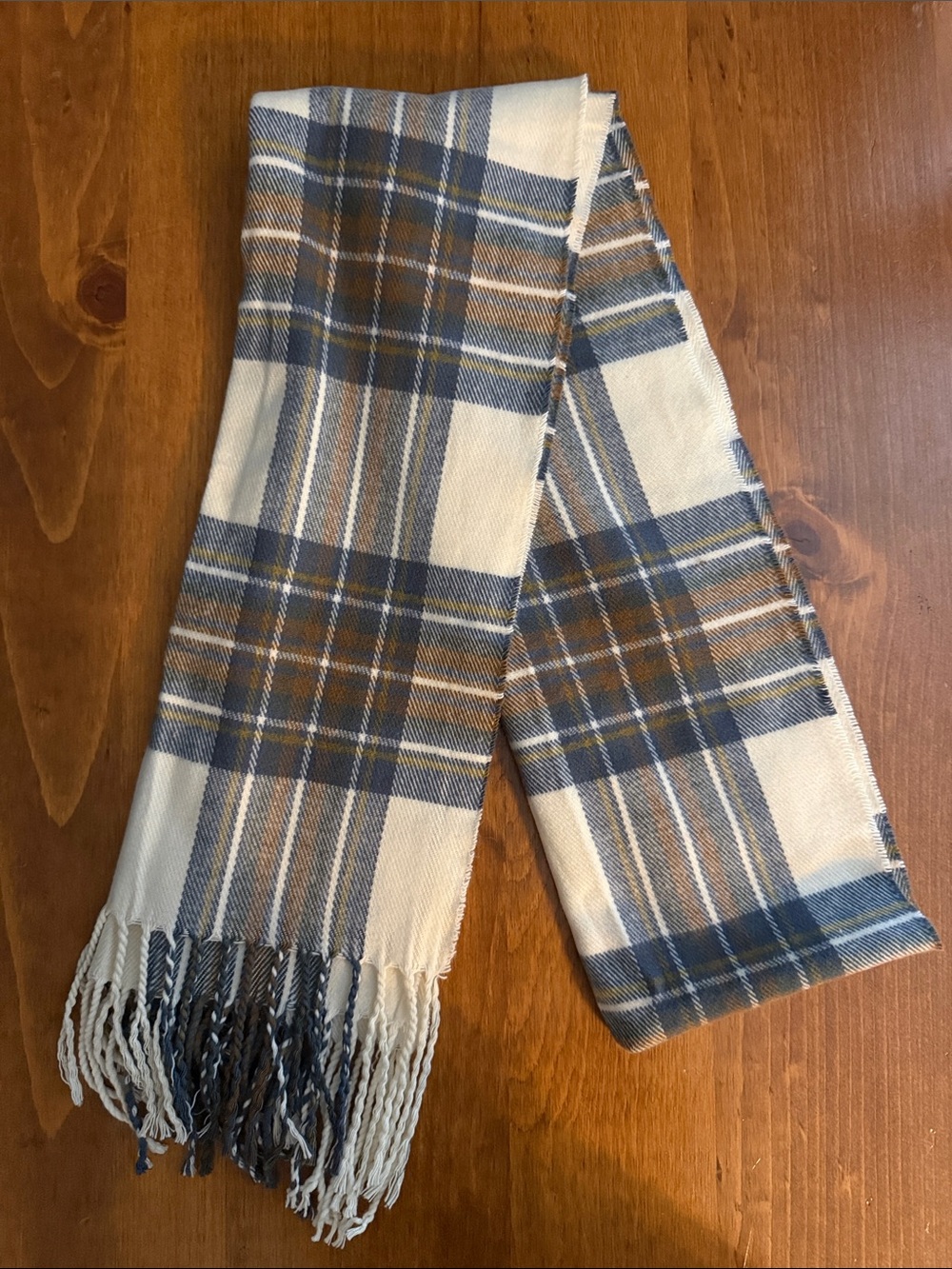 Softer Than Cashmere Plaid Scarf Cream Navy Brown Fall Fringe 72”